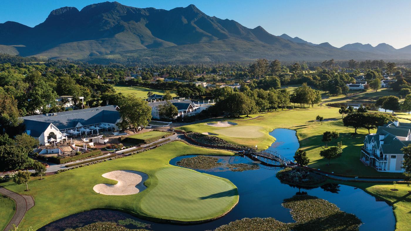 Fancourt aerial shot of clubhouse with mountains in the background